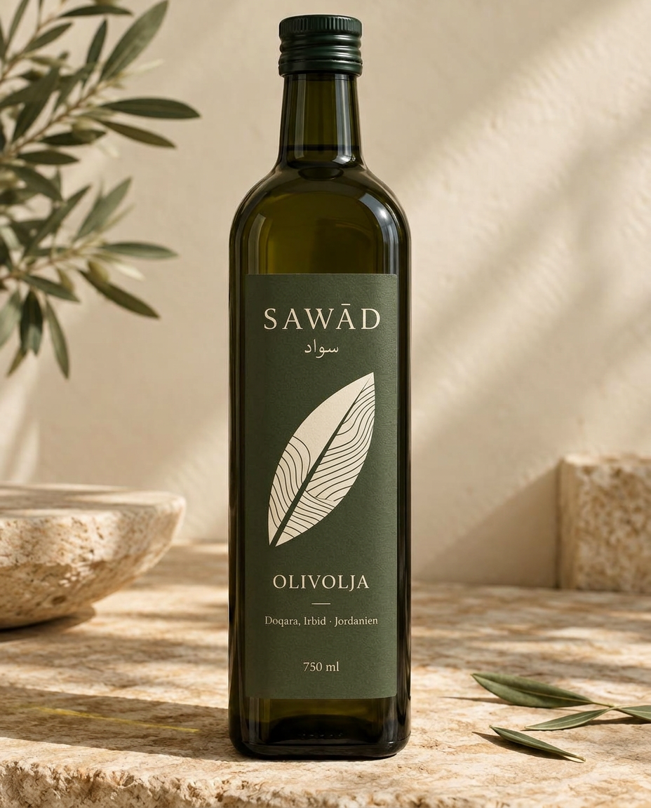 SAWĀD olivolja 750 ml i mörk glasflaska, förpackningskoncept